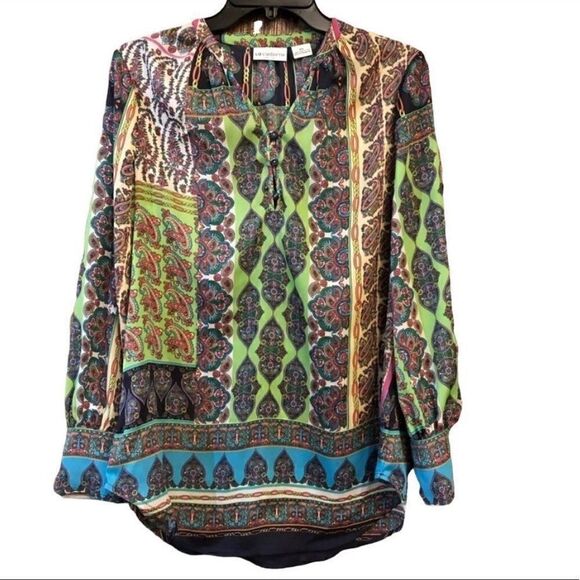 Liz Claiborne Sz PS Green BOHO Relaxed Paisley Lightweight Long Sleeve Blouse - Picture 1 of 9